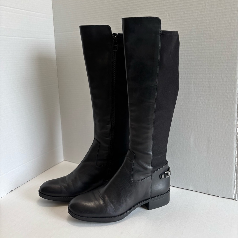 Karl Lagerfeld Murrie Women Black Leather Knee High Riding Boots Zip Designer 7M